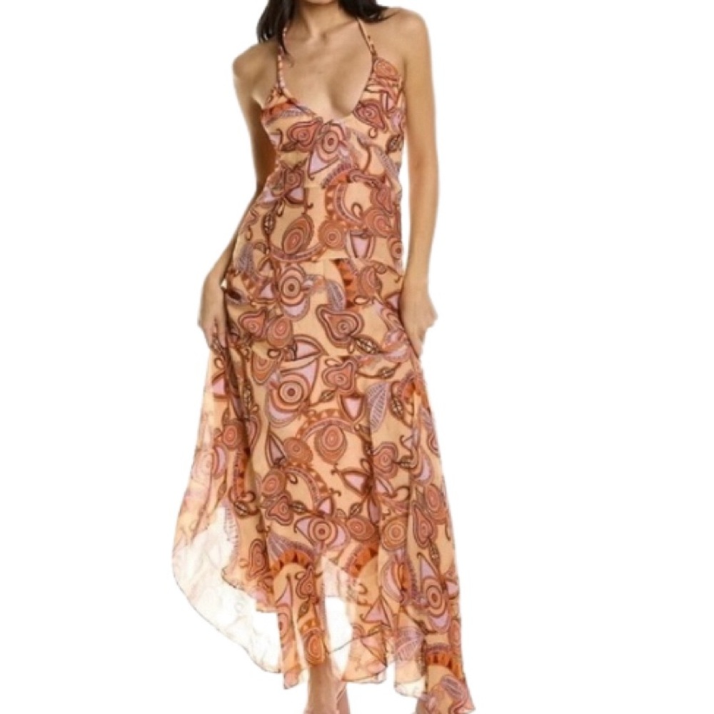 NWT A.L.C. Amina Nude Peach Multi Print Handkerchief Hem Silk Maxi Dress - Sz 6